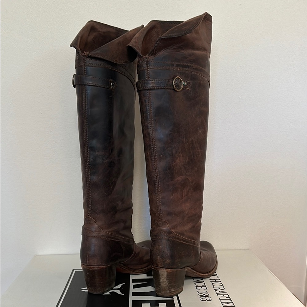 Frye Jane Tall Cuff Dark Brown Leather Knee-High Boots Western - Picture 4 of 7